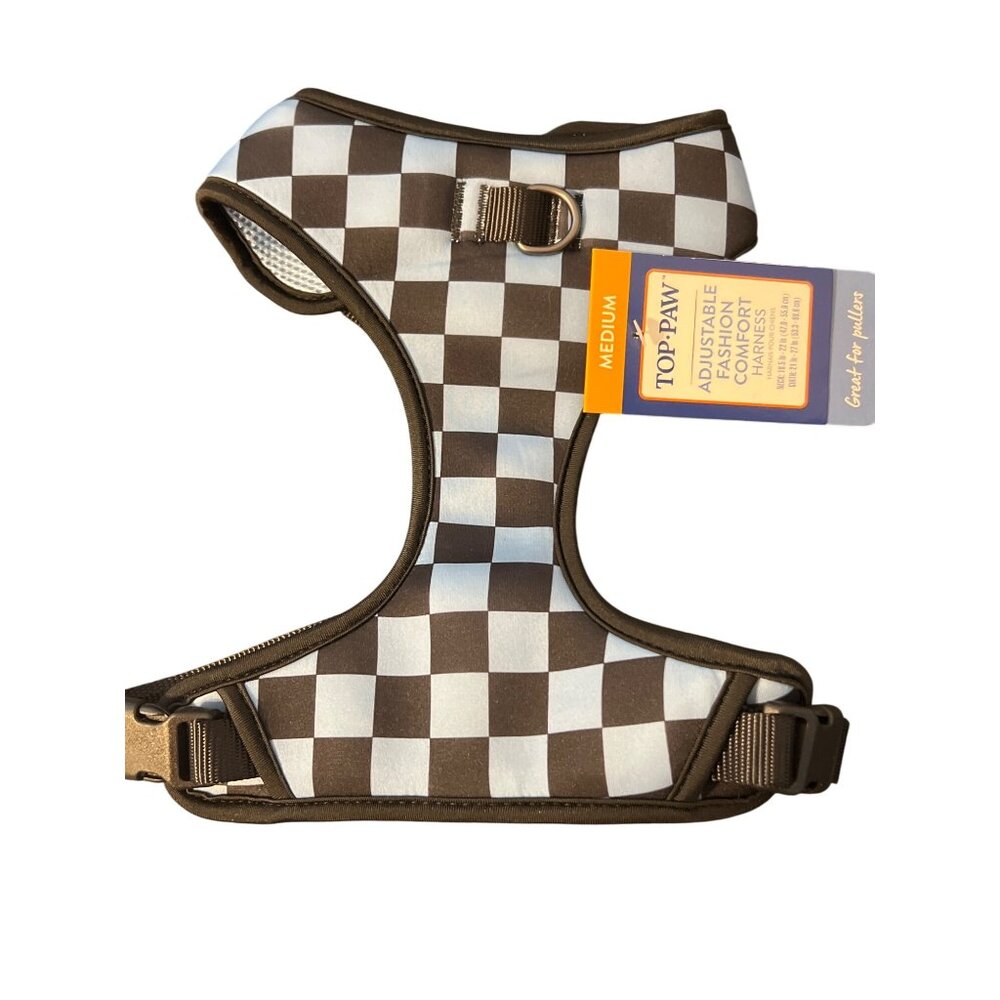 Top Paw Adjustable Fashion Comfort Dog Harness Checkered Black Blue Sz M NWT